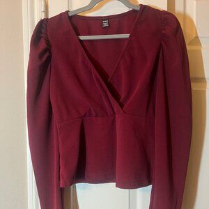 SheIn Women's Burgundy Wrap Top with Tie Waist & Puff Shoulders - Size XL